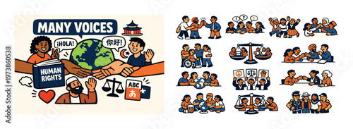 Many voices isometric composition with public opinion, social discussion, media communication, and community participation elements for feedback, debate, and engagement design.
