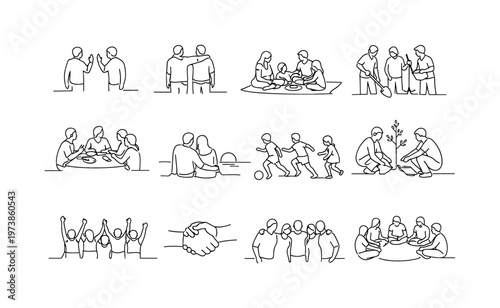 Community Bonding Moments. Minimalistic set one-line drawing neighbors greeting, friends walking together, family picnic scene, group volunteering, shared meal