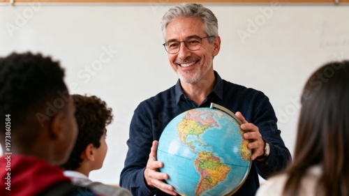 Teacher smiling while holding globe and explaining to diverse students  