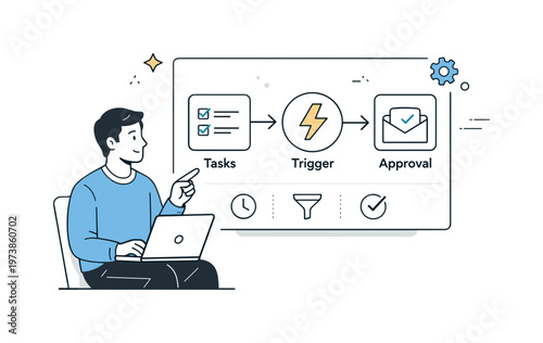 Automation with software tools. Friendly scene of a specialist configuring automated processes on a screen with icons for tasks, triggers, and approvals. Calm