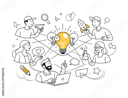 Walking in thunderstorm. A person with an umbrella walking calmly through rain, with simplified raindrops and cloud icons floating around. The illustration