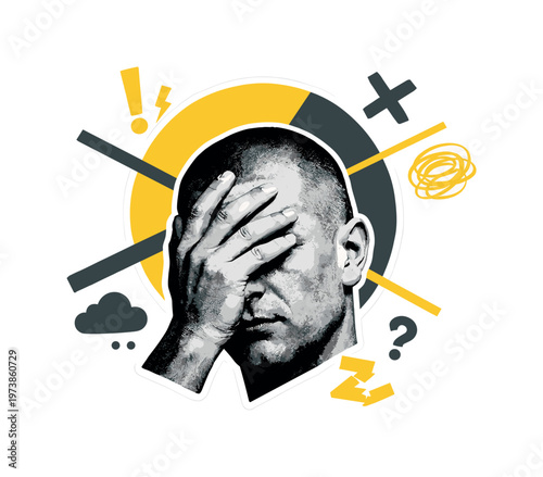 A surreal facepalm illustration with a black and white human head overlapped by a large geometric circle and diagonal lines, hand pressed to the forehead,