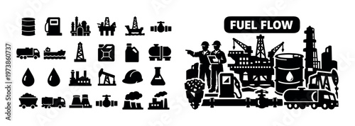 Fuel flow line icon composition with oil industry, refinery, fuel transport, storage tanks, and energy distribution elements for petroleum, logistics, and industrial design.
