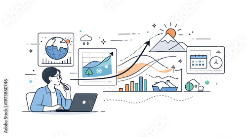 Predictive climate modeling. Abstract models and forecast curves emerging from data panels, guided by a focused researcher. The scene suggests simulation,