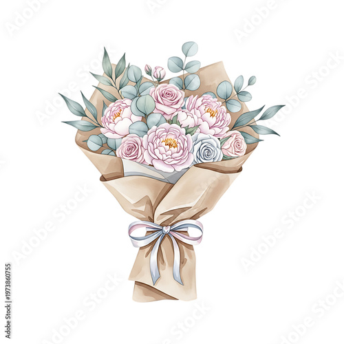 A bouquet of flowers wrapped in brown paper and tied with a ribbon