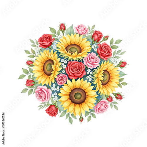 A bouquet of sunflowers and pink flowers