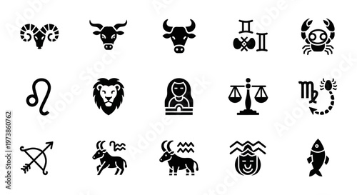 Zodiac signs, astrology icons, black vector symbols, horoscope collection, 12 star signs