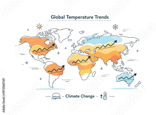 Global temperature trends. A world map with gentle heat indicators and rising lines across regions. The illustration highlights global patterns and long-term