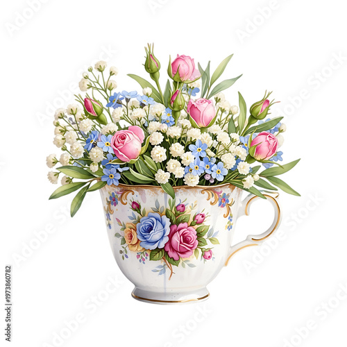 A bouquet of flowers in a teacup with floral design