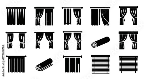 Curtain, Window Treatment, Black Icons, 16 Vector Graphics, Interior Design Elements, Window Coverings, Home Decor, Illustration Set