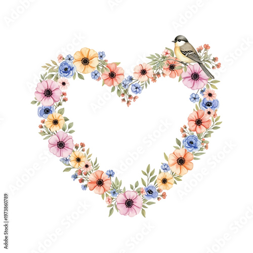 A heart shaped wreath of flowers with a small bird
