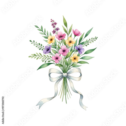 A bouquet of colorful flowers with a white ribbon