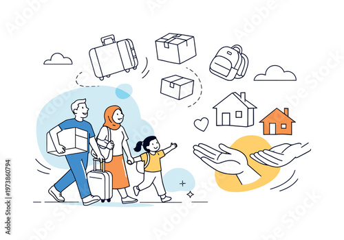 Resettlement programs. Families arriving at a new home, suitcases and boxes gently floating, welcoming hands and simple house icons nearby. Mood of hope,
