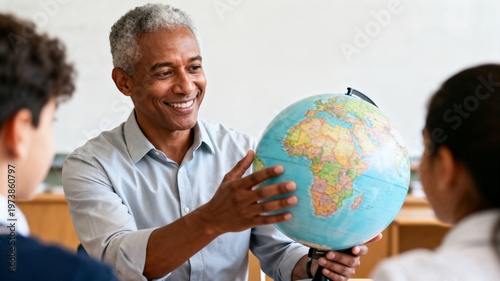 Elderly black teacher smiling while holding a globe in classroom, with copy space for text  