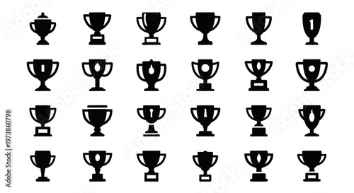 Trophy icons, black trophy symbols, award cup graphics, 20 winner emblems, vector