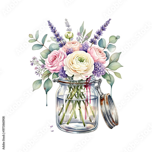A bouquet of flowers in a glass vase with a spoon