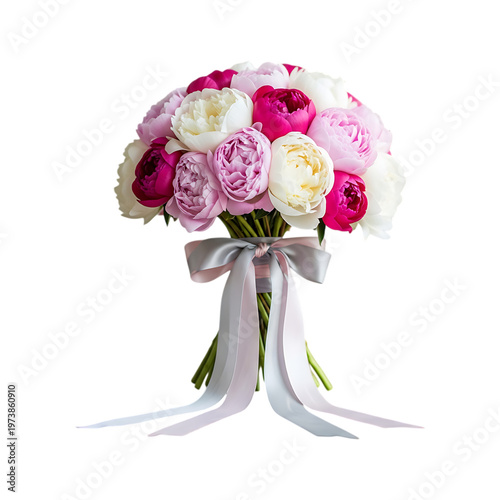 A bouquet of pink and white roses with a ribbon