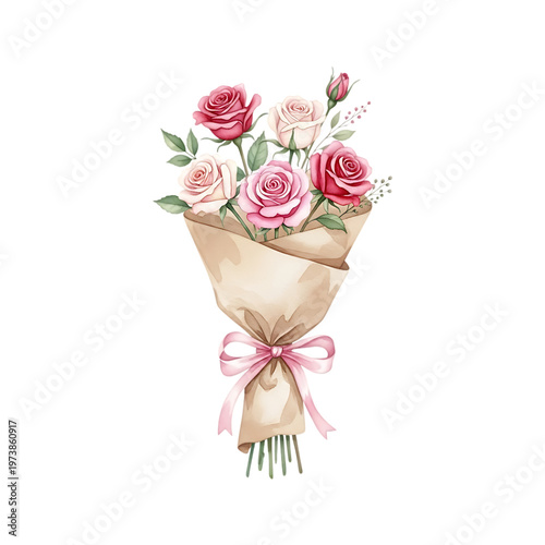 A bouquet of pink and red roses wrapped in brown paper