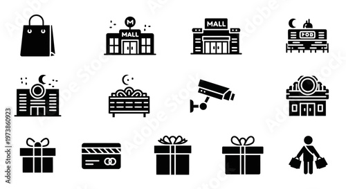 Black vector icons, shopping, gifts, cinema, and security symbols, 12pcs
