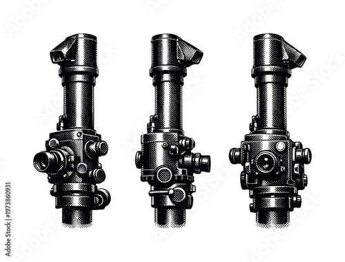 Vintage submarine periscope. A vintage submarine periscope depicted as one isolated object in three different angles focusing on retro optical housing,