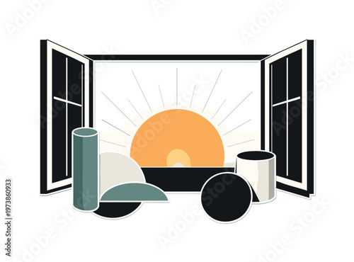 Black and white window frame opening toward a bright sunrise circle in soft amber tone, minimal linear rays extending outward, abstract geometric cylinders and