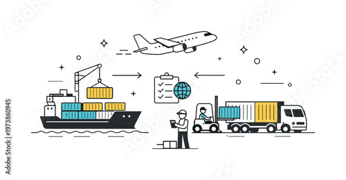 International cargo transportation. Containers moving between ships, planes, and trucks in a calm, organized flow. The illustration represents efficiency and