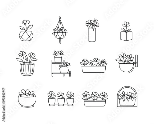Modern Home Decor Flower Pots. Minimalistic set one-line drawing flowering plant in geometric pot, blooming plant in hanging pot, floral arrangement in tall