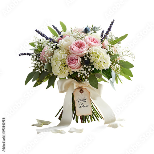 A bouquet of flowers with pink roses and white and green blooms