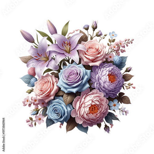 A bouquet of colorful flowers with pink, purple, and blue roses