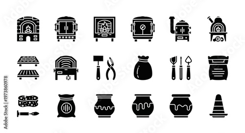 Black pottery, ceramic icons, kitchen utensils, 20 objects, vector graphics