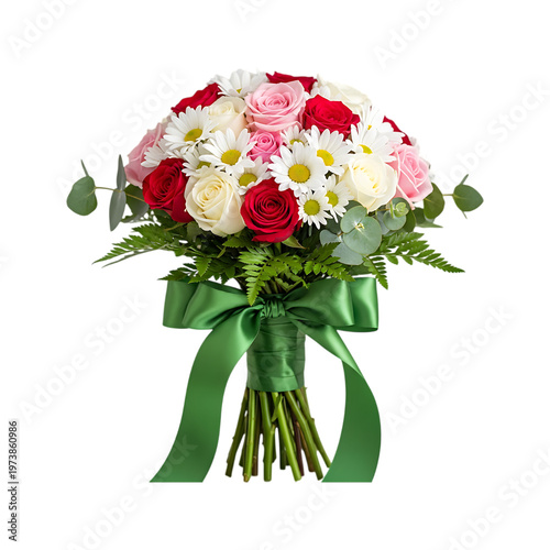 A bouquet of roses and daisies with a green ribbon
