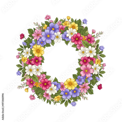 A colorful floral wreath with pink, yellow, blue and purple flowers