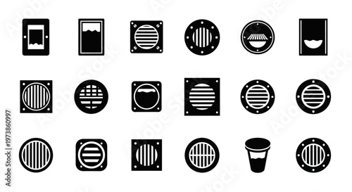 20 air vent icons, ventilation grilles, duct openings, black and white vector set