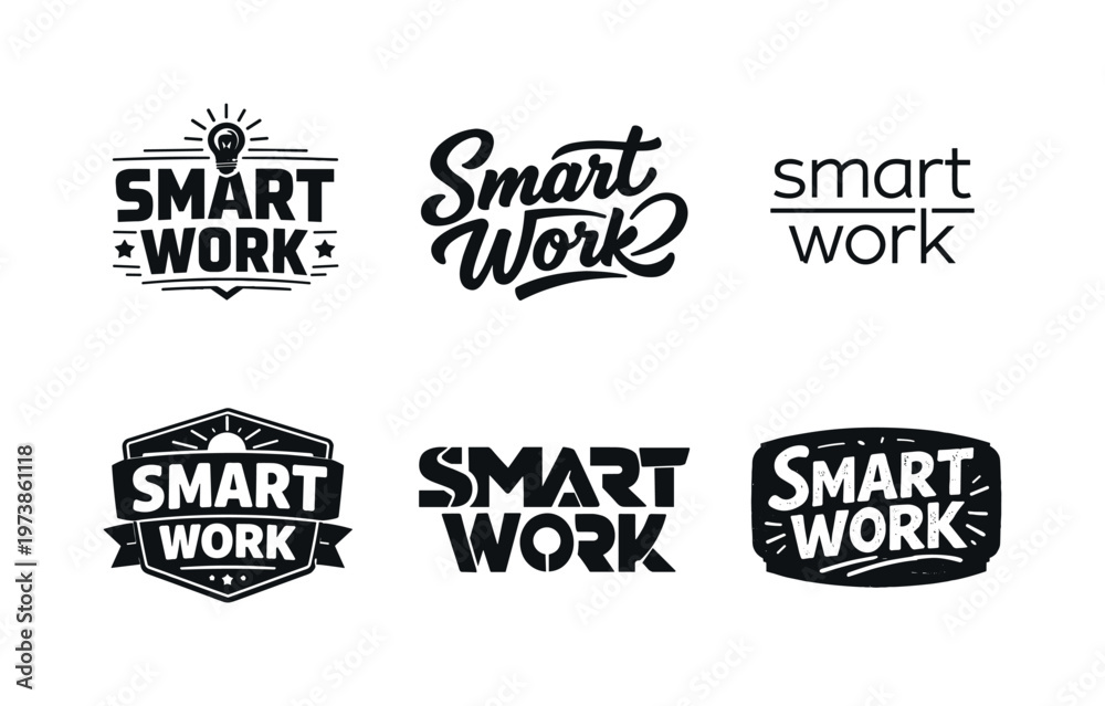Obraz premium Smart Work. Set lettering. harmonious lettering variations of the same emblematic concept, each with different artistic interpretation (Blocky sans-serif with
