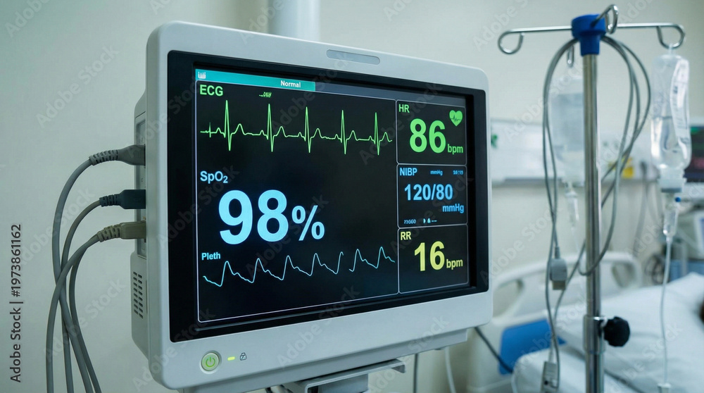 Fototapeta premium A monitor with a heart rate of 86% and a blood pressure of 160/116