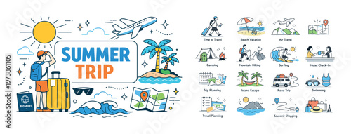 Summer trip isometric composition with vacation travel icons, luggage, airplane, beach elements, map, and holiday planning concept for tourism, adventure, and seasonal getaway design.
