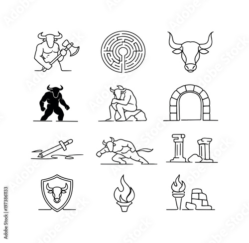 Mythical Labyrinth Guardian. Minimalistic set one-line drawing minotaur in maze outline, labyrinth top view, minotaur with double axe, horned bull head,
