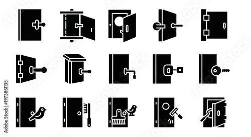 Door, lock, icon set, 15 black and white vector graphics, door handle, door lock, access symbol, security icons