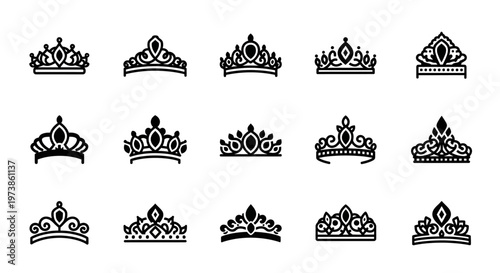 Royal crowns, crown icons, vector tiara set, 12 black and white illustrations, luxury symbols