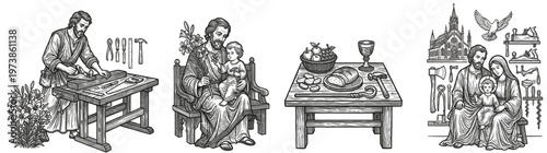 Vintage religious engraving set featuring Saint Joseph as a carpenter the Holy Family and a sacred table with bread and chalice isolated on white for Catholic church design and print