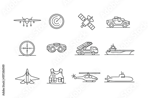 Modern Warfare. Minimalistic set one-line drawing combat drone, radar screen, satellite, armored vehicle, sniper scope, night vision goggles, missile launcher,