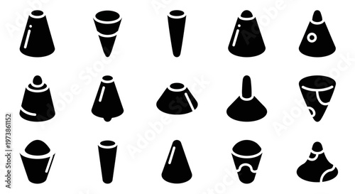 Black traffic cone icons, road safety symbols, construction signs, 15 vector graphics
