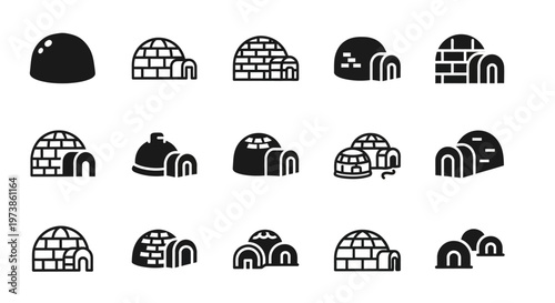 Igloo, Ice House, Brick Igloo, Black Vector Icons, 16 Frozen Shelter Symbols, Winter Architecture Graphics