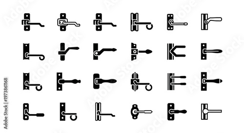 Door handle, door knob, latch, lock, hardware, 25 black and white icons, vector set