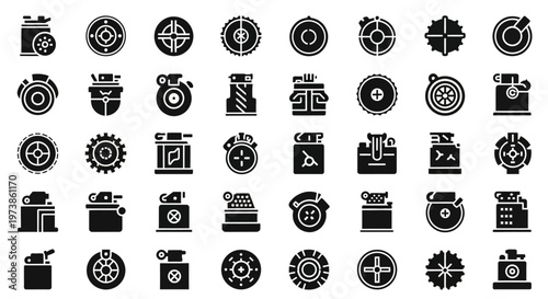 Industrial icons, gear symbols, mechanical signs, 40 black and white graphics