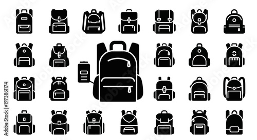 Backpack, backpack icons, school bag, travel bag, luggage set, 25 black backpacks vector