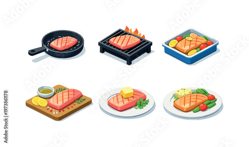 Cooking Fish. Isometric flat vector icons set of cooking fish: fish fillet in frying pan, fish fillet on grill, baked fish fillet tray, fish fillet with