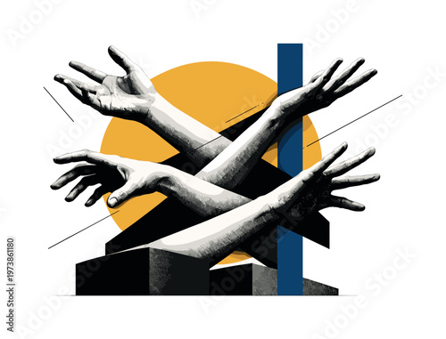 Overlapping black-and-white arms crossing diagonally across the frame, expressive hands reaching in different directions, large mustard yellow circle partially