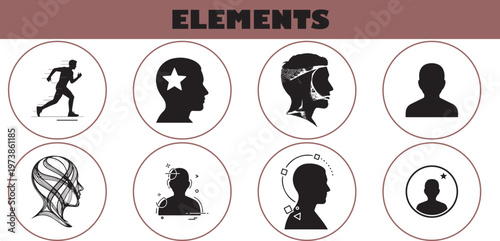 Human Mind and Profile Icon Set, Mental Health, Innovation, and Identity Vector Silhouette Elements