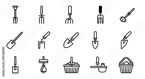 Gardening tools icons, garden equipment symbols, 16 black line icons, gardening set, vector graphics